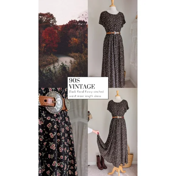 Vintage Black Floral Cinch Waist Flowy Maxi Length Dress - Picture 2 of 16
